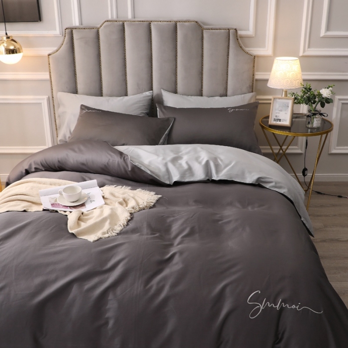 91家纺网 家纺一手货源 找家纺 2021新款纯色拼色纯棉全棉60S贡缎长绒棉绣花四件套 黑灰