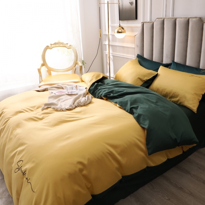 91家纺网 家纺一手货源 找家纺 2021新款纯色拼色纯棉全棉60S贡缎长绒棉绣花四件套 黄色