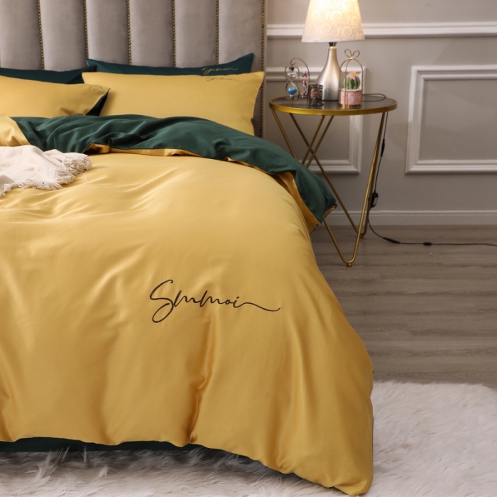 91家纺网 家纺一手货源 找家纺 2021新款纯色拼色纯棉全棉60S贡缎长绒棉绣花四件套 黄色