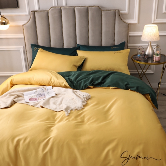 91家纺网 家纺一手货源 找家纺 2021新款纯色拼色纯棉全棉60S贡缎长绒棉绣花四件套 黄色