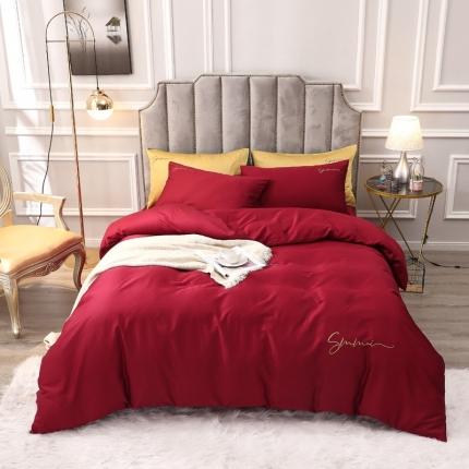 91家纺网 家纺一手货源 找家纺 2021新款纯色拼色纯棉全棉60S贡缎长绒棉绣花四件套 酒红