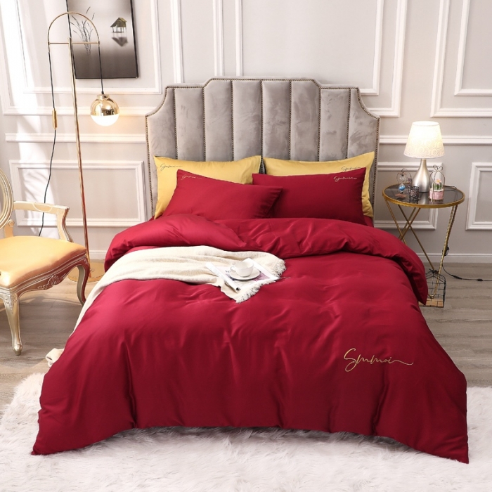 91家纺网 家纺一手货源 找家纺 2021新款纯色拼色纯棉全棉60S贡缎长绒棉绣花四件套 酒红