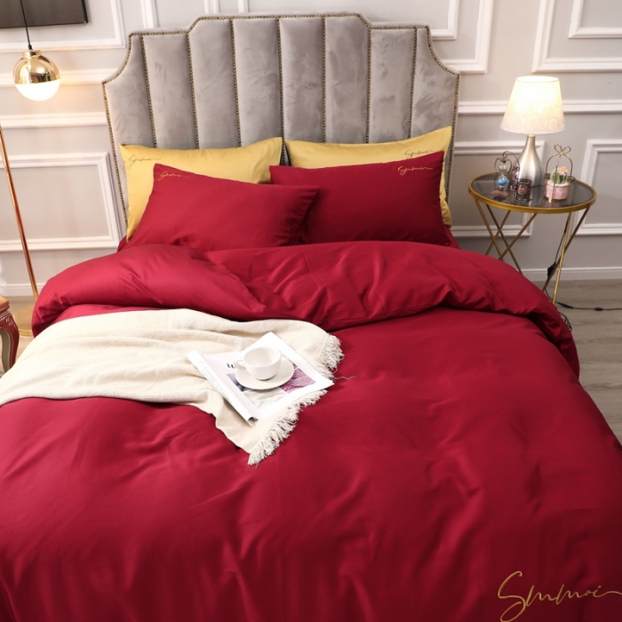 91家纺网 家纺一手货源 找家纺 2021新款纯色拼色纯棉全棉60S贡缎长绒棉绣花四件套 酒红
