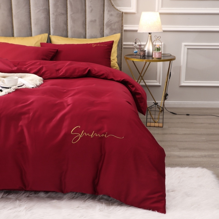 91家纺网 家纺一手货源 找家纺 2021新款纯色拼色纯棉全棉60S贡缎长绒棉绣花四件套 酒红