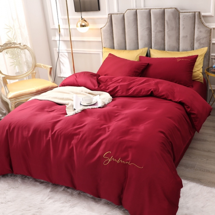 91家纺网 家纺一手货源 找家纺 2021新款纯色拼色纯棉全棉60S贡缎长绒棉绣花四件套 酒红