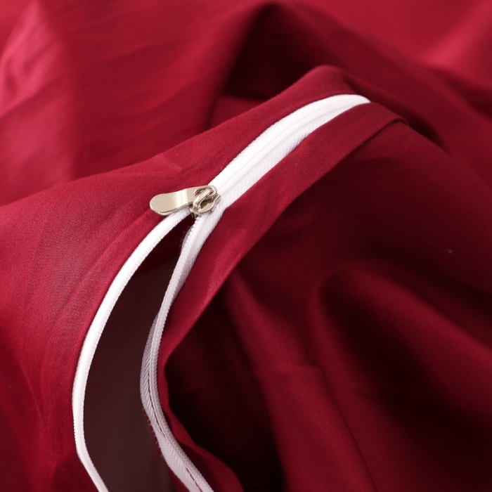 91家纺网 家纺一手货源 找家纺 2021新款纯色拼色纯棉全棉60S贡缎长绒棉绣花四件套 酒红