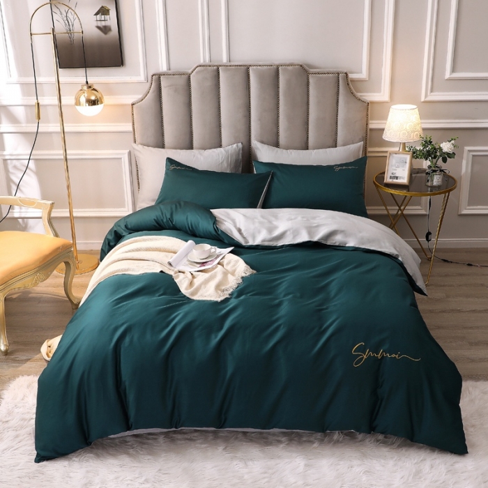 91家纺网 家纺一手货源 找家纺 2021新款纯色拼色纯棉全棉60S贡缎长绒棉绣花四件套 绿