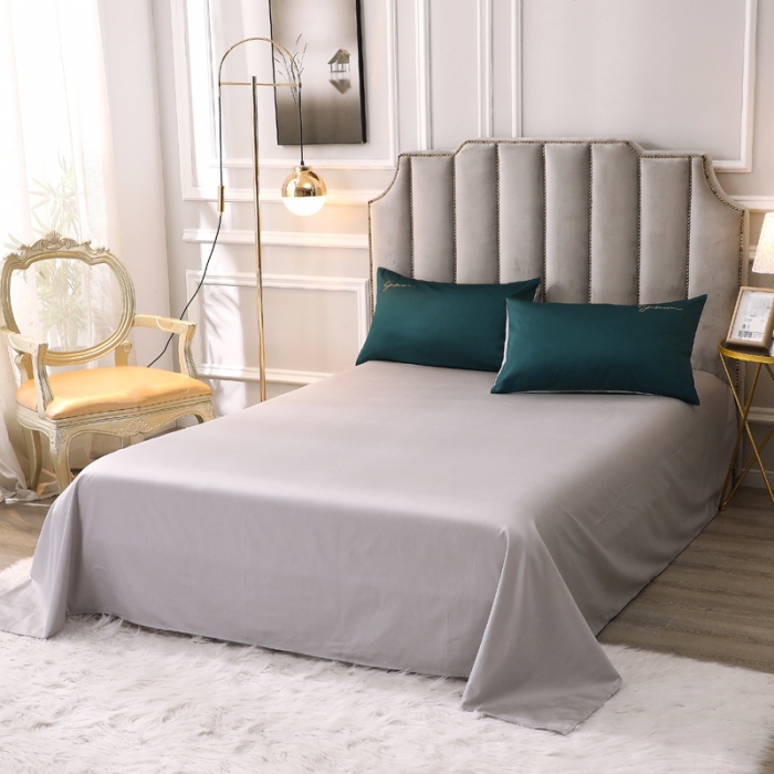 91家纺网 家纺一手货源 找家纺 2021新款纯色拼色纯棉全棉60S贡缎长绒棉绣花四件套 绿