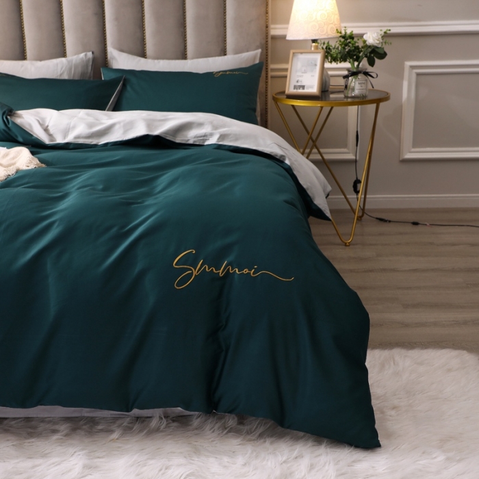 91家纺网 家纺一手货源 找家纺 2021新款纯色拼色纯棉全棉60S贡缎长绒棉绣花四件套 绿