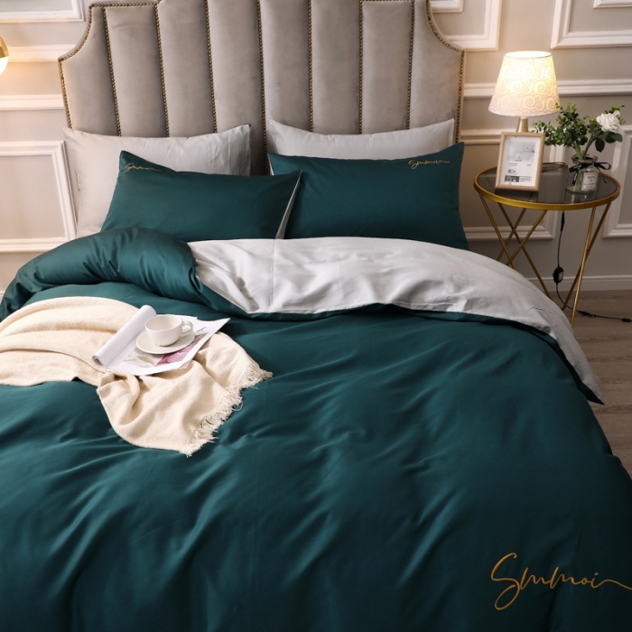 91家纺网 家纺一手货源 找家纺 2021新款纯色拼色纯棉全棉60S贡缎长绒棉绣花四件套 绿