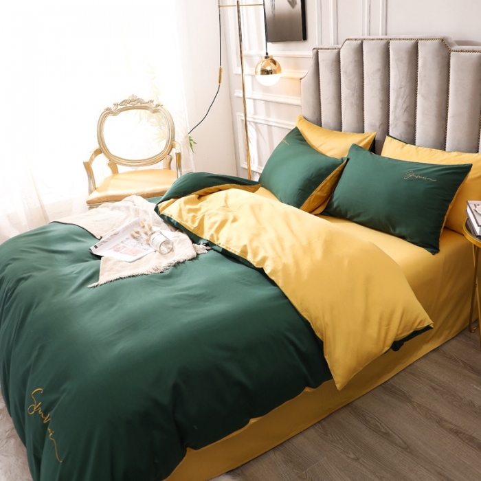 91家纺网 家纺一手货源 找家纺 2021新款纯色拼色纯棉全棉60S贡缎长绒棉绣花四件套 墨绿