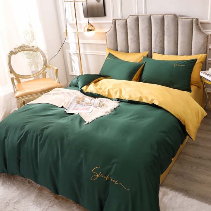 91家纺网 家纺一手货源 找家纺 2021新款纯色拼色纯棉全棉60S贡缎长绒棉绣花四件套 墨绿