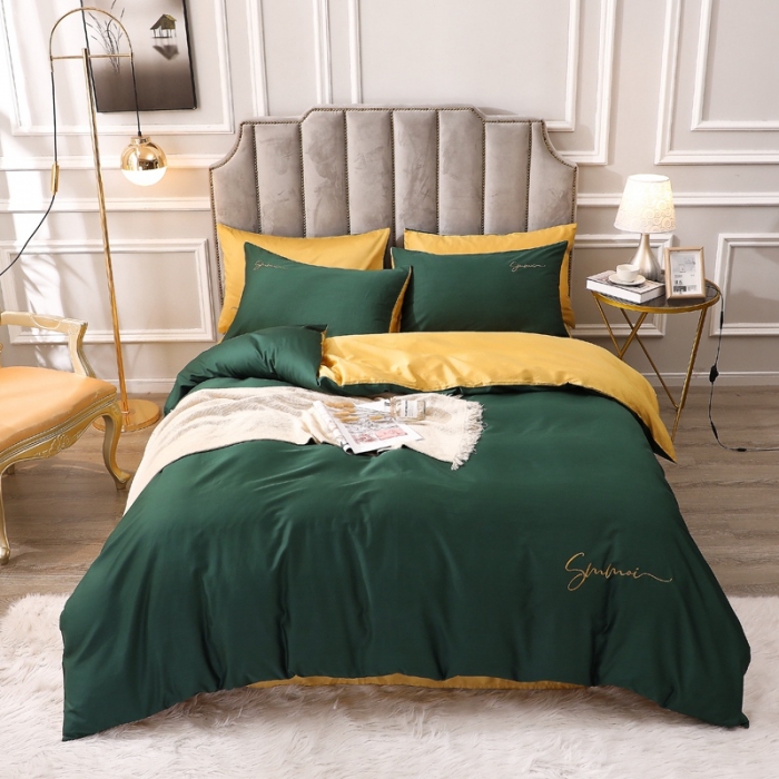 91家纺网 家纺一手货源 找家纺 2021新款纯色拼色纯棉全棉60S贡缎长绒棉绣花四件套 墨绿