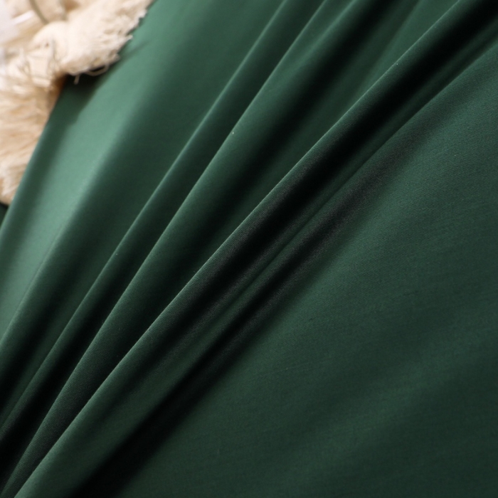 91家纺网 家纺一手货源 找家纺 2021新款纯色拼色纯棉全棉60S贡缎长绒棉绣花四件套 墨绿