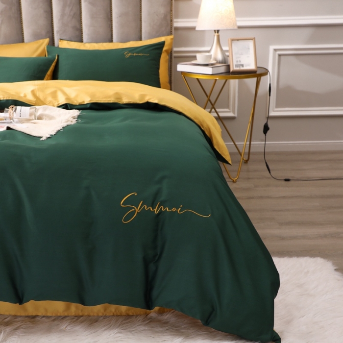 91家纺网 家纺一手货源 找家纺 2021新款纯色拼色纯棉全棉60S贡缎长绒棉绣花四件套 墨绿