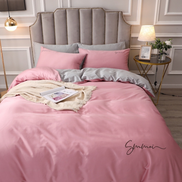 91家纺网 家纺一手货源 找家纺 2021新款纯色拼色纯棉全棉60S贡缎长绒棉绣花四件套 豆沙