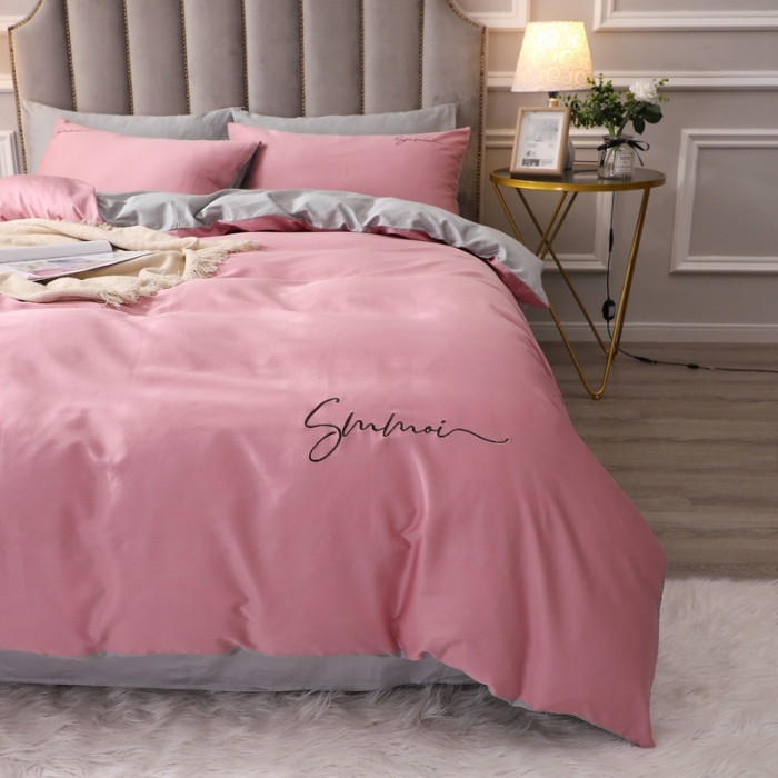 91家纺网 家纺一手货源 找家纺 2021新款纯色拼色纯棉全棉60S贡缎长绒棉绣花四件套 豆沙