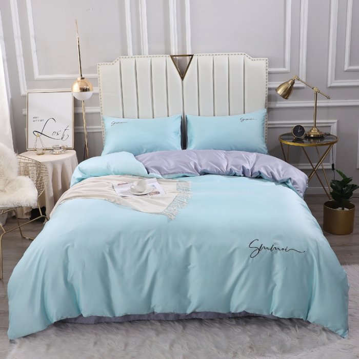 91家纺网 家纺一手货源 找家纺 2021新款纯色拼色纯棉全棉60S贡缎长绒棉绣花四件套 浅蓝