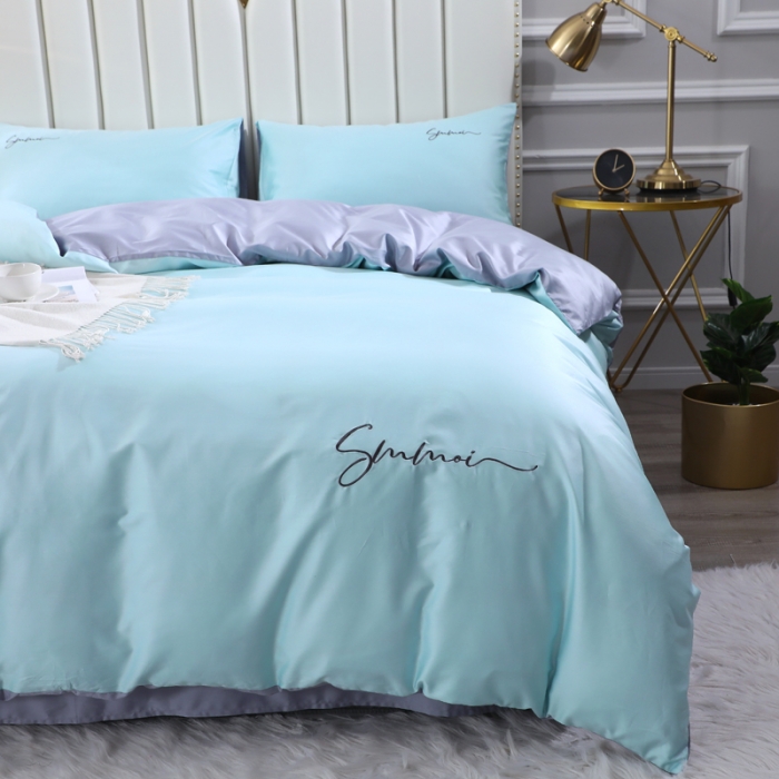 91家纺网 家纺一手货源 找家纺 2021新款纯色拼色纯棉全棉60S贡缎长绒棉绣花四件套 浅蓝