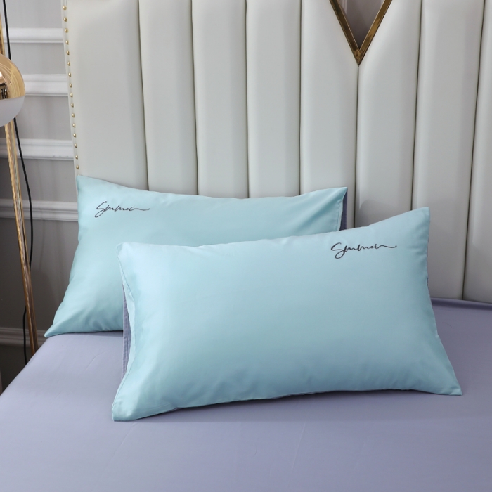 91家纺网 家纺一手货源 找家纺 2021新款纯色拼色纯棉全棉60S贡缎长绒棉绣花四件套 浅蓝