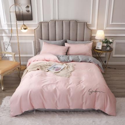 91家纺网 家纺一手货源 找家纺 2021新款纯色拼色纯棉全棉60S贡缎长绒棉绣花四件套 浅玉