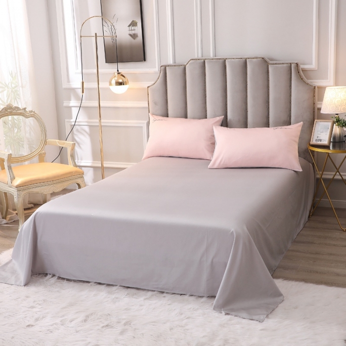 91家纺网 家纺一手货源 找家纺 2021新款纯色拼色纯棉全棉60S贡缎长绒棉绣花四件套 浅玉