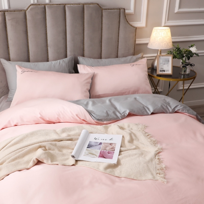 91家纺网 家纺一手货源 找家纺 2021新款纯色拼色纯棉全棉60S贡缎长绒棉绣花四件套 浅玉