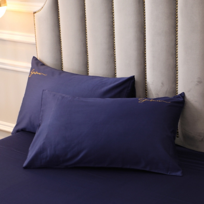 91家纺网 家纺一手货源 找家纺 2021新款纯色拼色纯棉全棉60S贡缎长绒棉绣花四件套 丈青