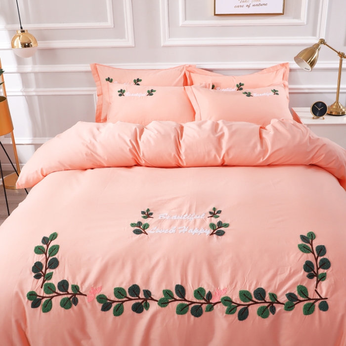 91家纺网 家纺一手货源 找家纺 2021新款全棉13372毛巾绣纯棉刺绣花四件套 爱之蔓玉色