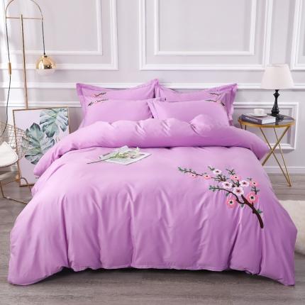 91家纺网 家纺一手货源 找家纺 2021新款全棉13372毛巾绣纯棉刺绣花四件套桃花朵朵紫色