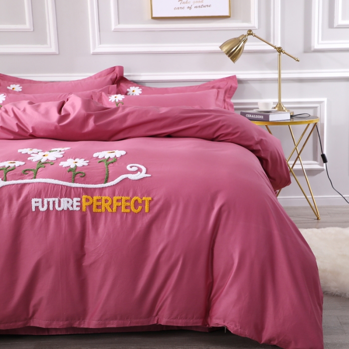 91家纺网 家纺一手货源 找家纺 2021新款全棉13372毛巾绣纯棉刺绣花四件套夏花绽放豆沙