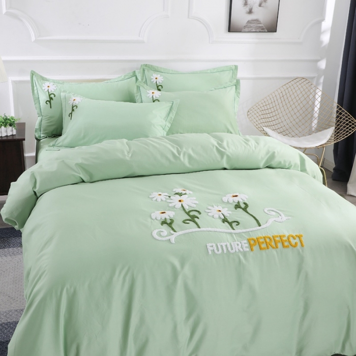 91家纺网 家纺一手货源 找家纺 2021新款全棉13372毛巾绣纯棉刺绣花四件套夏花绽放绿色