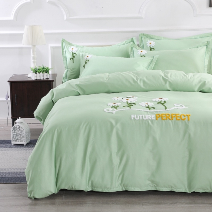 91家纺网 家纺一手货源 找家纺 2021新款全棉13372毛巾绣纯棉刺绣花四件套夏花绽放绿色