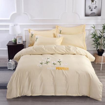 2021新款全棉13372纯色毛巾绣绣花四件套 夏花绽放米黄