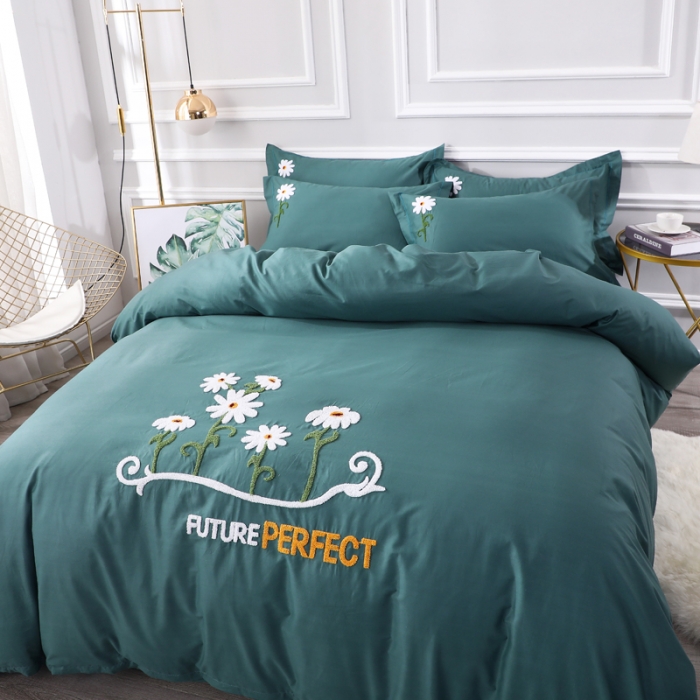 91家纺网 家纺一手货源 找家纺 2021新款全棉13372毛巾绣纯棉刺绣花四件套夏花绽放墨绿