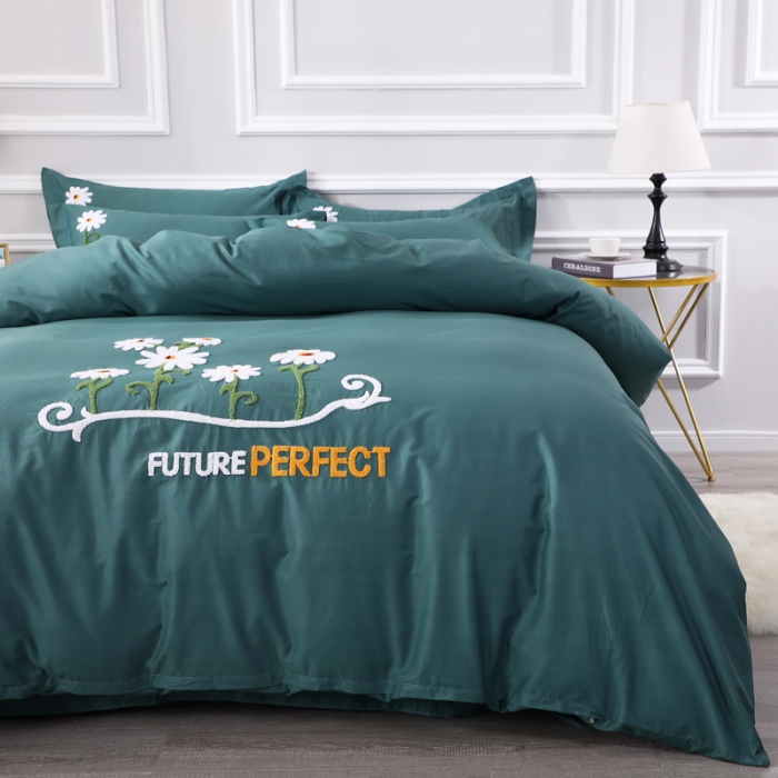 91家纺网 家纺一手货源 找家纺 2021新款全棉13372毛巾绣纯棉刺绣花四件套夏花绽放墨绿