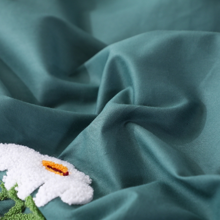 91家纺网 家纺一手货源 找家纺 2021新款全棉13372毛巾绣纯棉刺绣花四件套夏花绽放墨绿