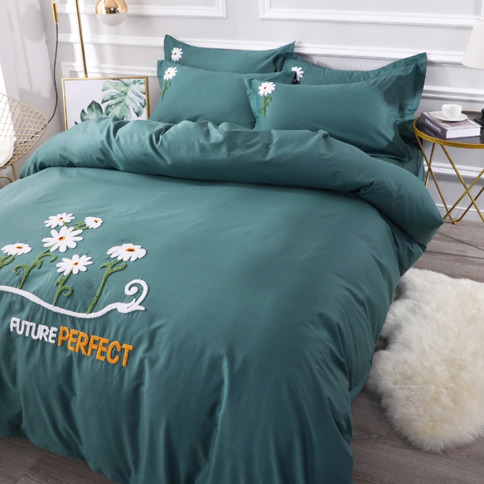 91家纺网 家纺一手货源 找家纺 2021新款全棉13372毛巾绣纯棉刺绣花四件套夏花绽放墨绿