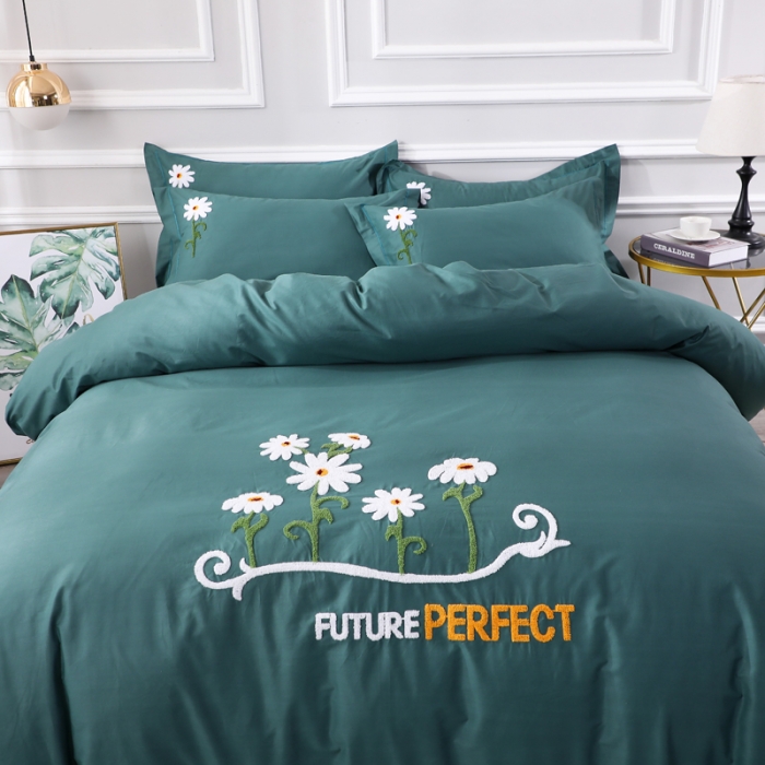 91家纺网 家纺一手货源 找家纺 2021新款全棉13372毛巾绣纯棉刺绣花四件套夏花绽放墨绿