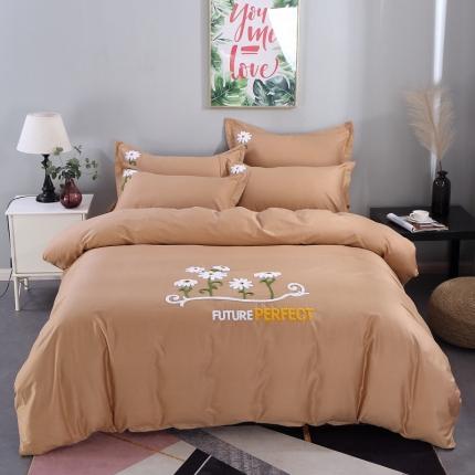 91家纺网 家纺一手货源 找家纺 2021新款全棉13372毛巾绣纯棉刺绣花四件套夏花绽放浅咖