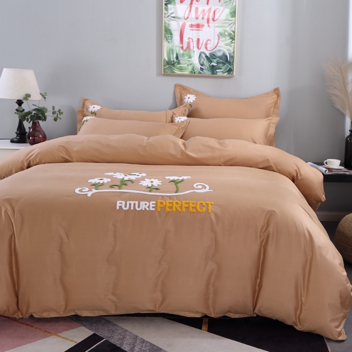 91家纺网 家纺一手货源 找家纺 2021新款全棉13372毛巾绣纯棉刺绣花四件套夏花绽放浅咖