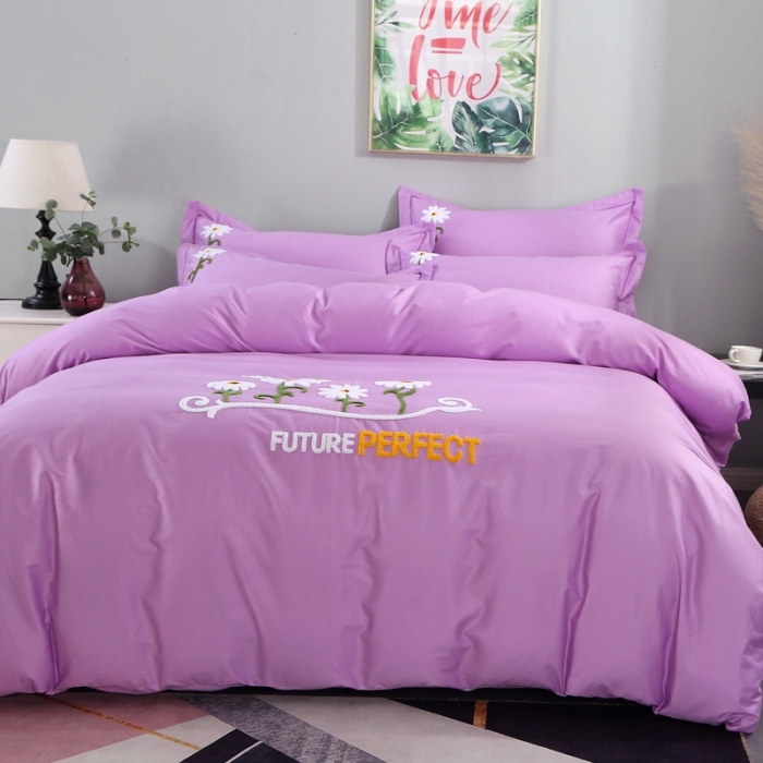 91家纺网 家纺一手货源 找家纺 2021新款全棉13372毛巾绣纯棉刺绣花四件套夏花绽放浅紫