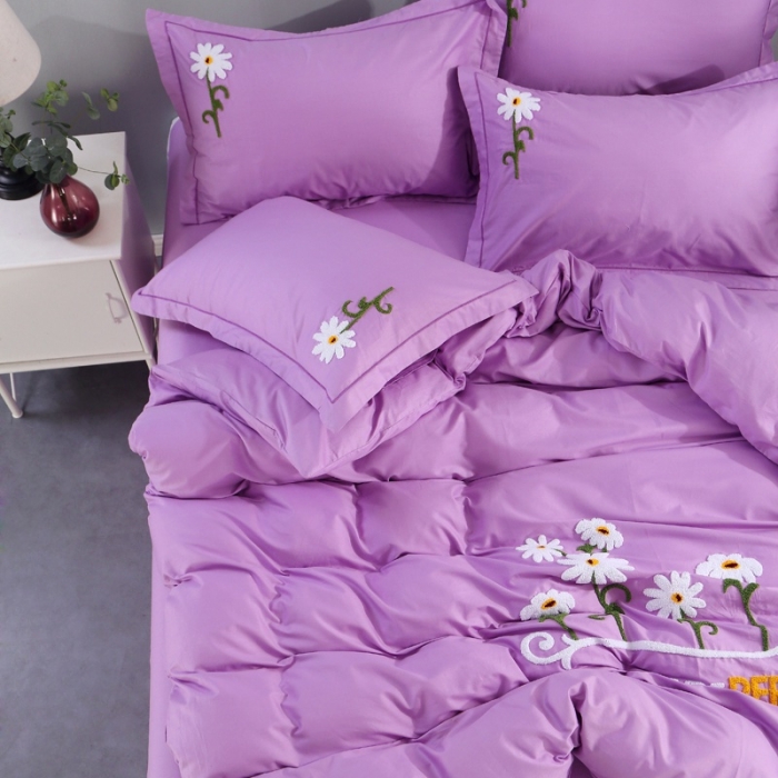 91家纺网 家纺一手货源 找家纺 2021新款全棉13372毛巾绣纯棉刺绣花四件套夏花绽放浅紫