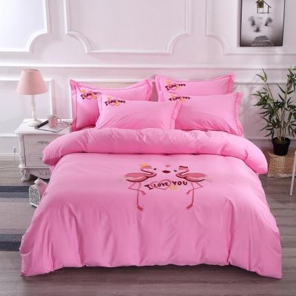 91家纺网 家纺一手货源 找家纺 2021新款全棉13372毛巾绣纯棉刺绣花四件套幸福烈鸟粉色