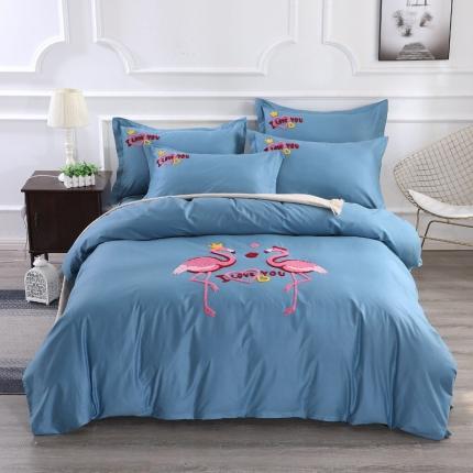 91家纺网 家纺一手货源 找家纺 2021新款全棉13372毛巾绣纯棉刺绣花四件套幸福烈鸟湖蓝