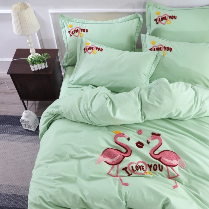 91家纺网 家纺一手货源 找家纺 2021新款全棉13372毛巾绣纯棉刺绣花四件套幸福烈鸟绿色