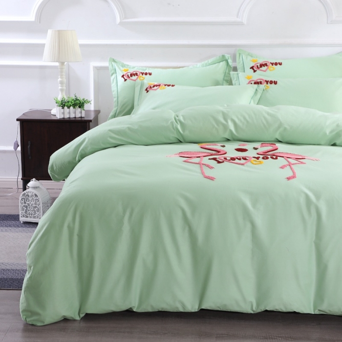 91家纺网 家纺一手货源 找家纺 2021新款全棉13372毛巾绣纯棉刺绣花四件套幸福烈鸟绿色