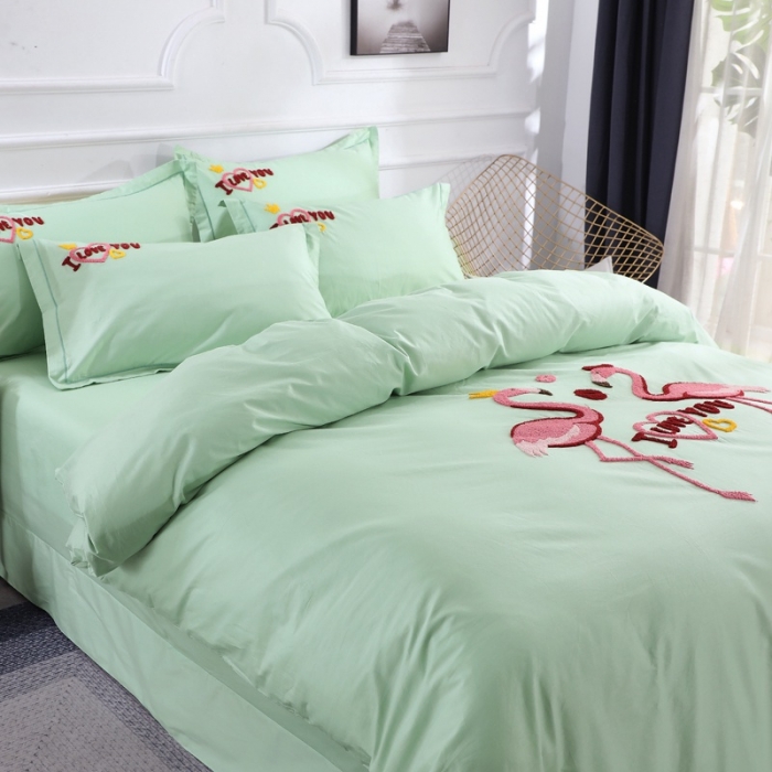 91家纺网 家纺一手货源 找家纺 2021新款全棉13372毛巾绣纯棉刺绣花四件套幸福烈鸟绿色