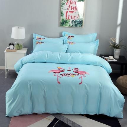 91家纺网 家纺一手货源 找家纺 2021新款全棉13372毛巾绣纯棉刺绣花四件套幸福烈鸟天蓝