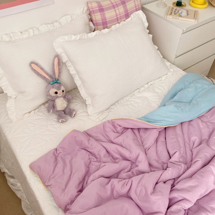 91家纺网 家纺一手货源 找家纺 星期八 2021新款马卡龙大豆针织棉夏被 粉紫-蓝